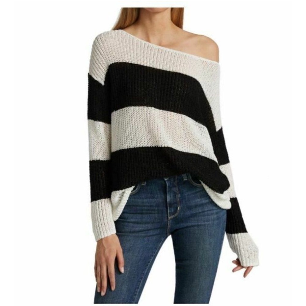 L'Agence Womans Knit Sweater Size S Black White Striped Boat neck Pullover